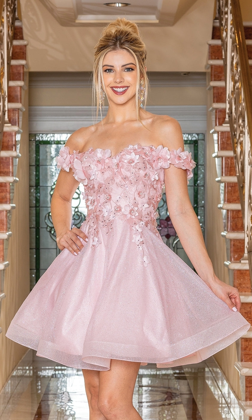 A woman smiles at the camera, standing indoors on a tiled floor between two staircases, wearing an affordable Corset-Back Babydoll Short Metallic Prom Dress.